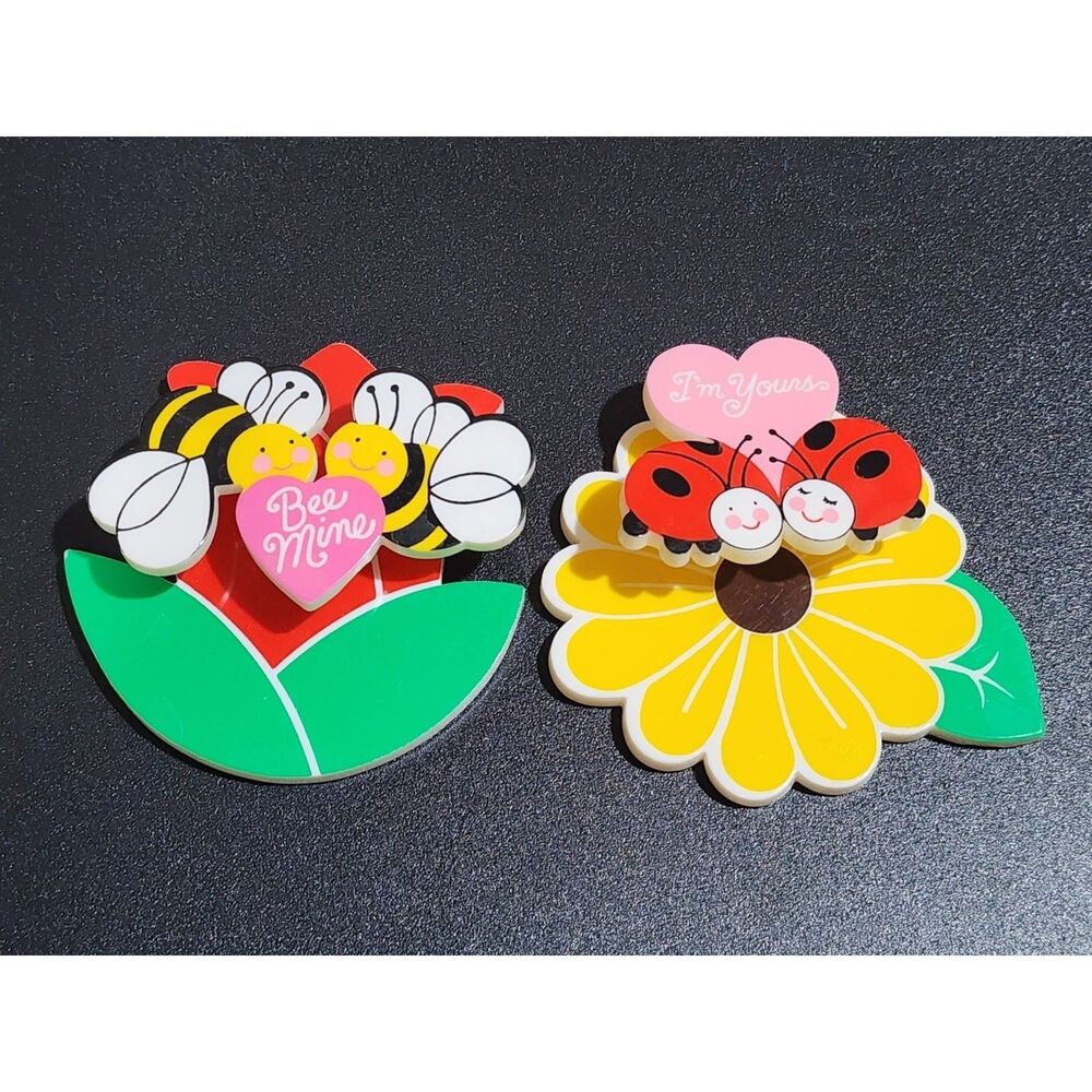 Vintage Style Spring Bounce Refrigerator Magnets Bee Ladybug Flower Set of 2